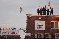 Activists occupying roof of UAV Engines, wholly owned subsidiary of Elbit copy